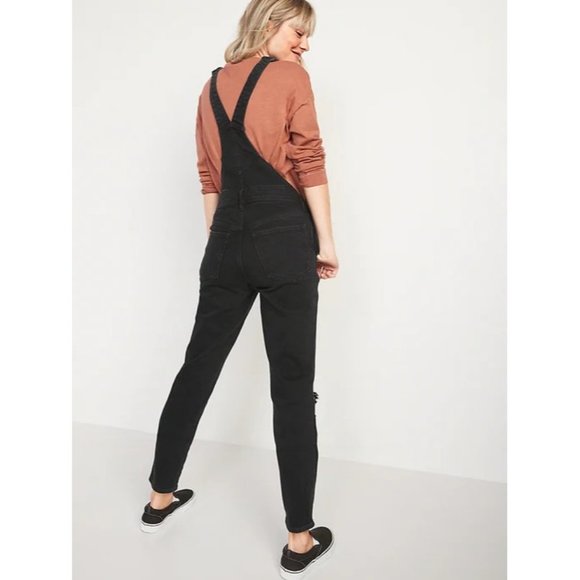 Old Navy Women's Size 12 Petite OG Straight Black Ripped Jean Overalls GUC - Picture 2 of 8